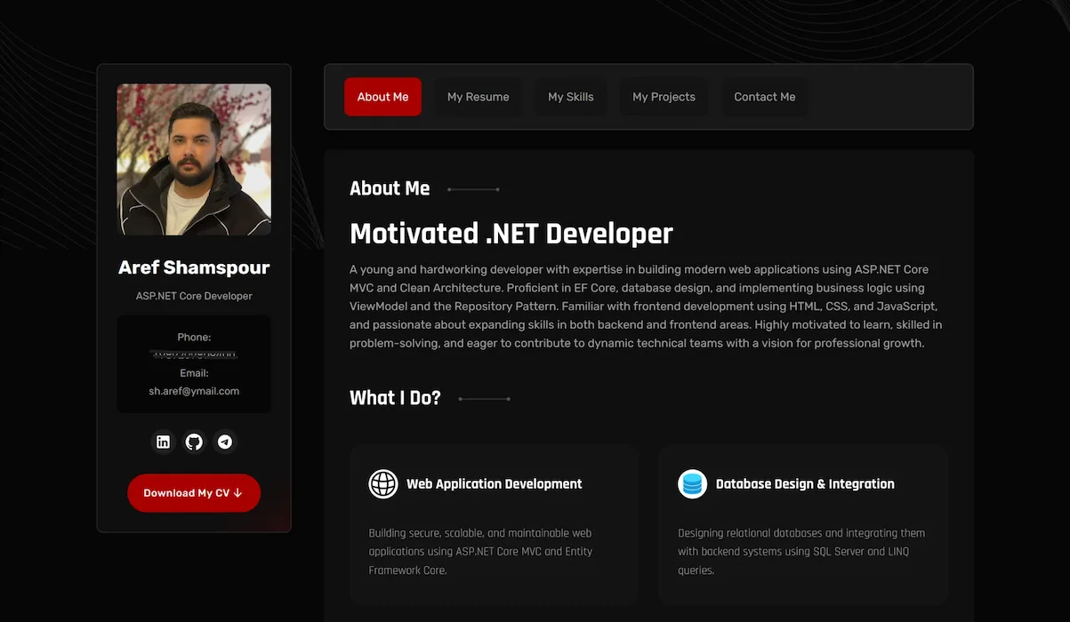 طراحی و توسعه وب‌سایت رزومه شخصی با ASP.NET Core